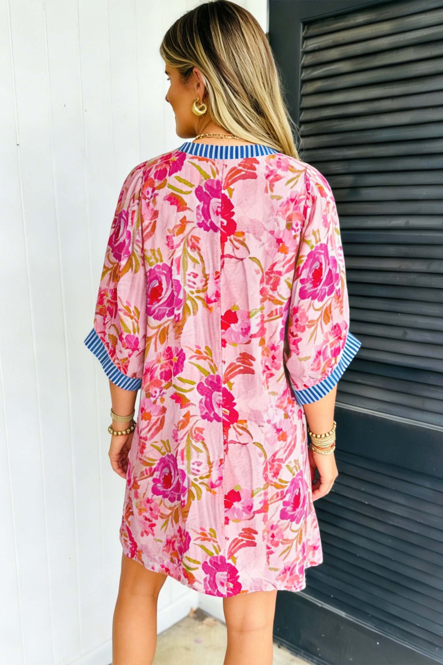 Multicolour Floral Striped Patchwork Trim Half Sleeve Mini Dress
