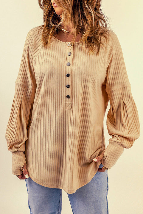 Ribbed Textured Thumbhole Puff Sleeve Pullover