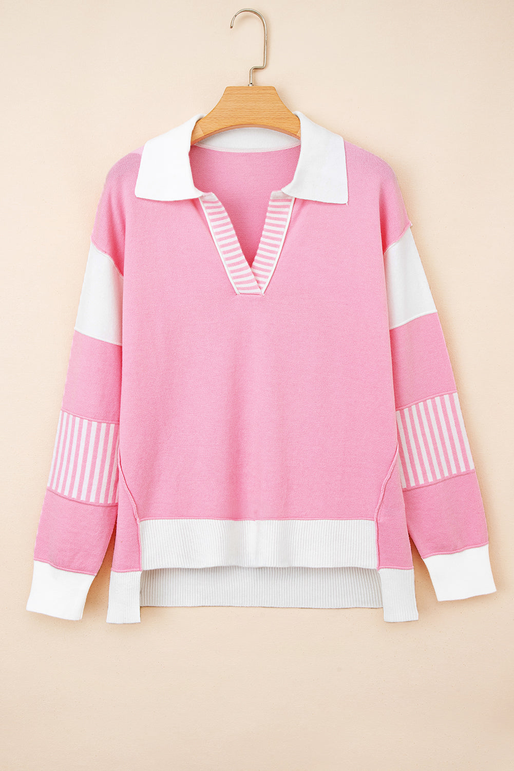 Pink Contrasting Polo Collar Color Block Knit Drop Shoulder Sweater