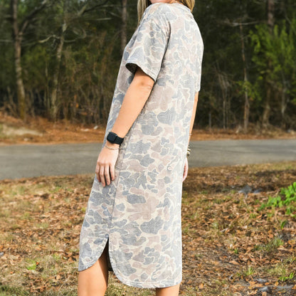 Multicolour Camouflage Print Short Sleeve Drop Shoulder Side Slit Casual Dress