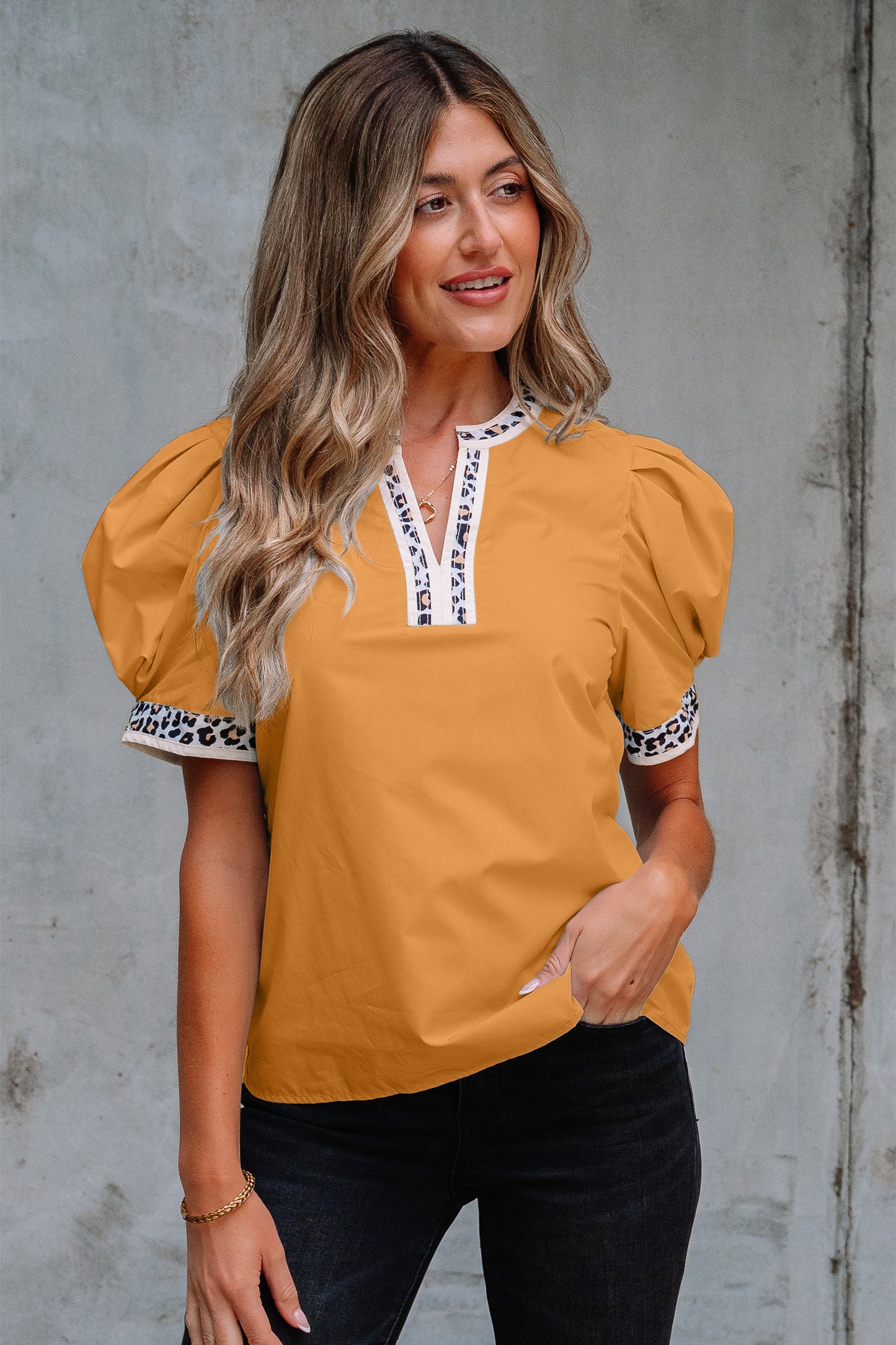 Buckskin Contrast Leopard Trim Split Neck Puff Sleeve Blouse