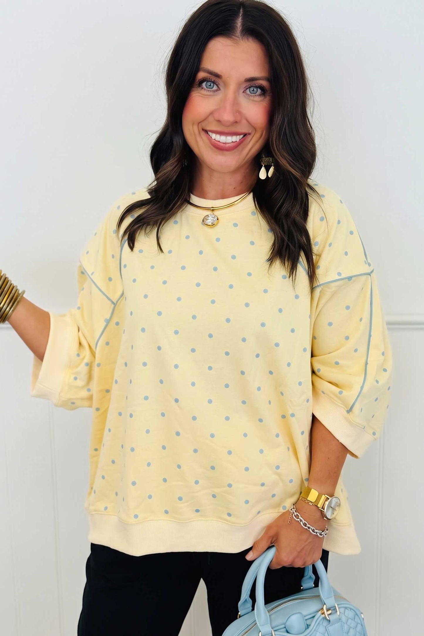 Yellow Polka Dot Print Piping Trim 3/4 Sleeve Relaxed Top