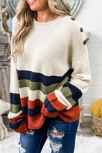 Buttoned Shoulder Drop Shoulder Striped Sweater