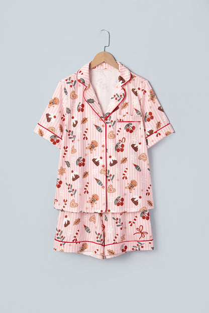 Pink Abstract Christmas Print Short Sleeve Two Piece Lounge Set