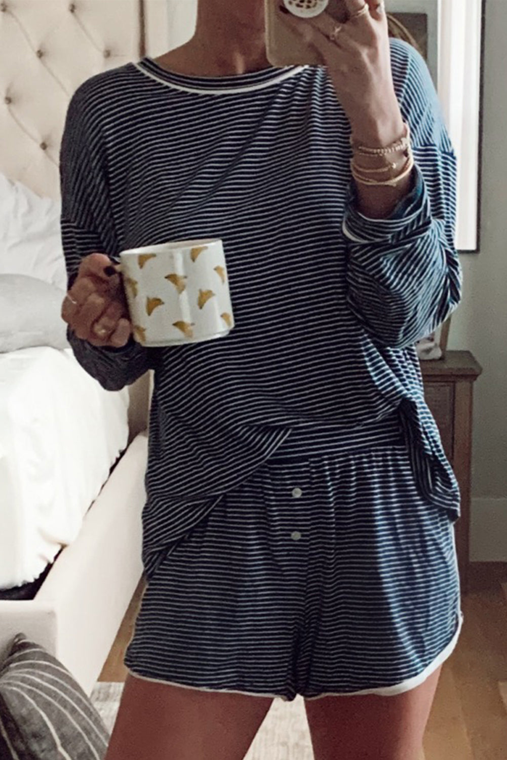 Blue Stripe Drop Shoulder Round Neck Long Sleeve Tee and Buttoned Shorts 2pcs Lounge Set