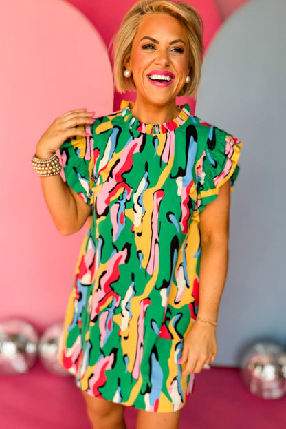 Mini-robe verte à imprimé abstrait, col à volants et manches à volants