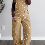 Light French Beige Polka Dot Print Bib Pocket Denim Barrel Overalls Jumpsuit
