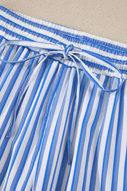 Sky Blue Stripe Drawstring Elastic Waist Patch Pocket Wide Leg Ankle-length Pants