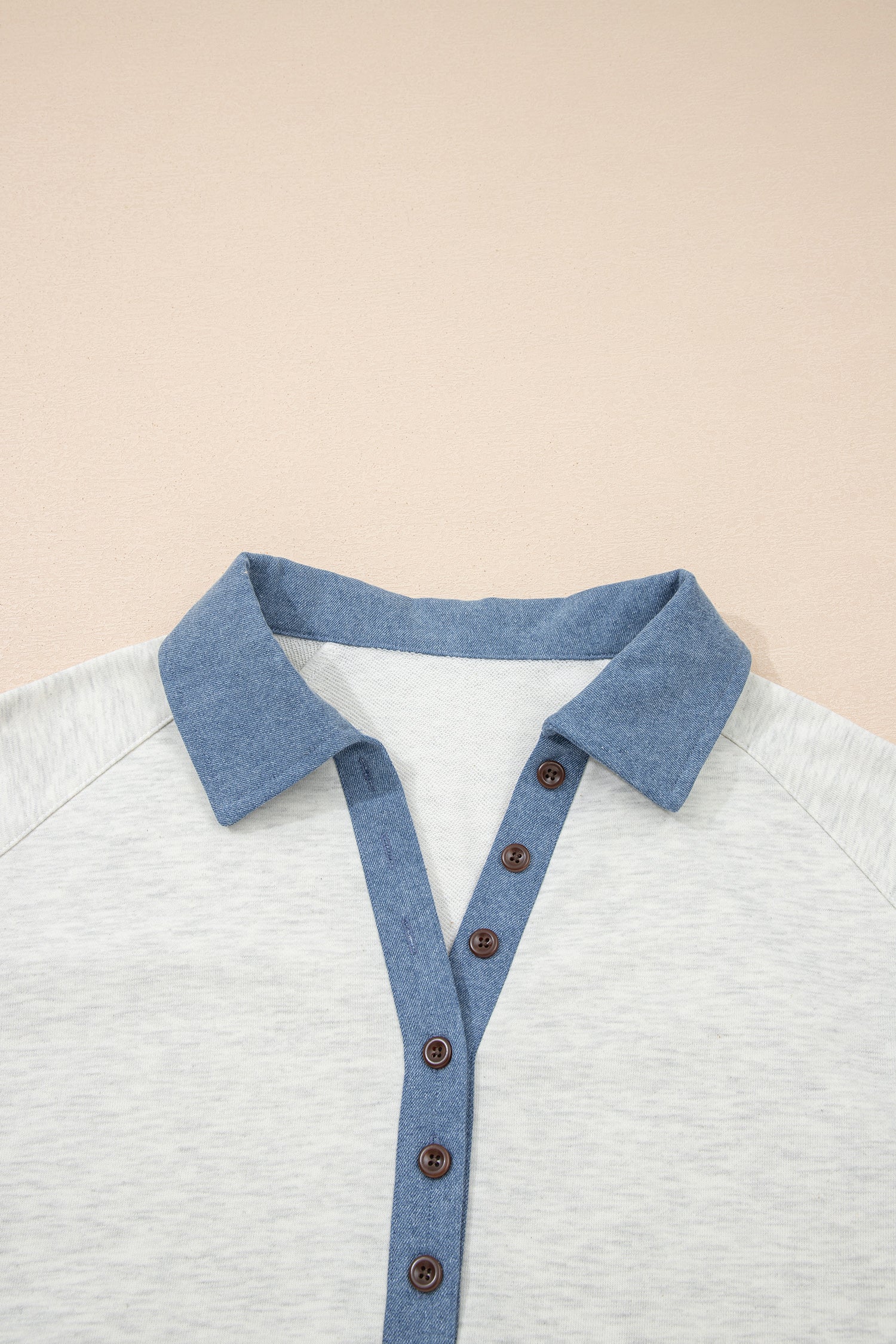 Light Grey Denim Patchwork Buttoned Polo Collar Long Sleeve Top