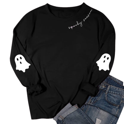 Black Spooky Season Halloween Ghost Printed Drop Shoulder Sweatshirt