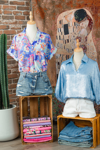 Purple Vacation Floral Print V Neck Short Sleeve Blouse
