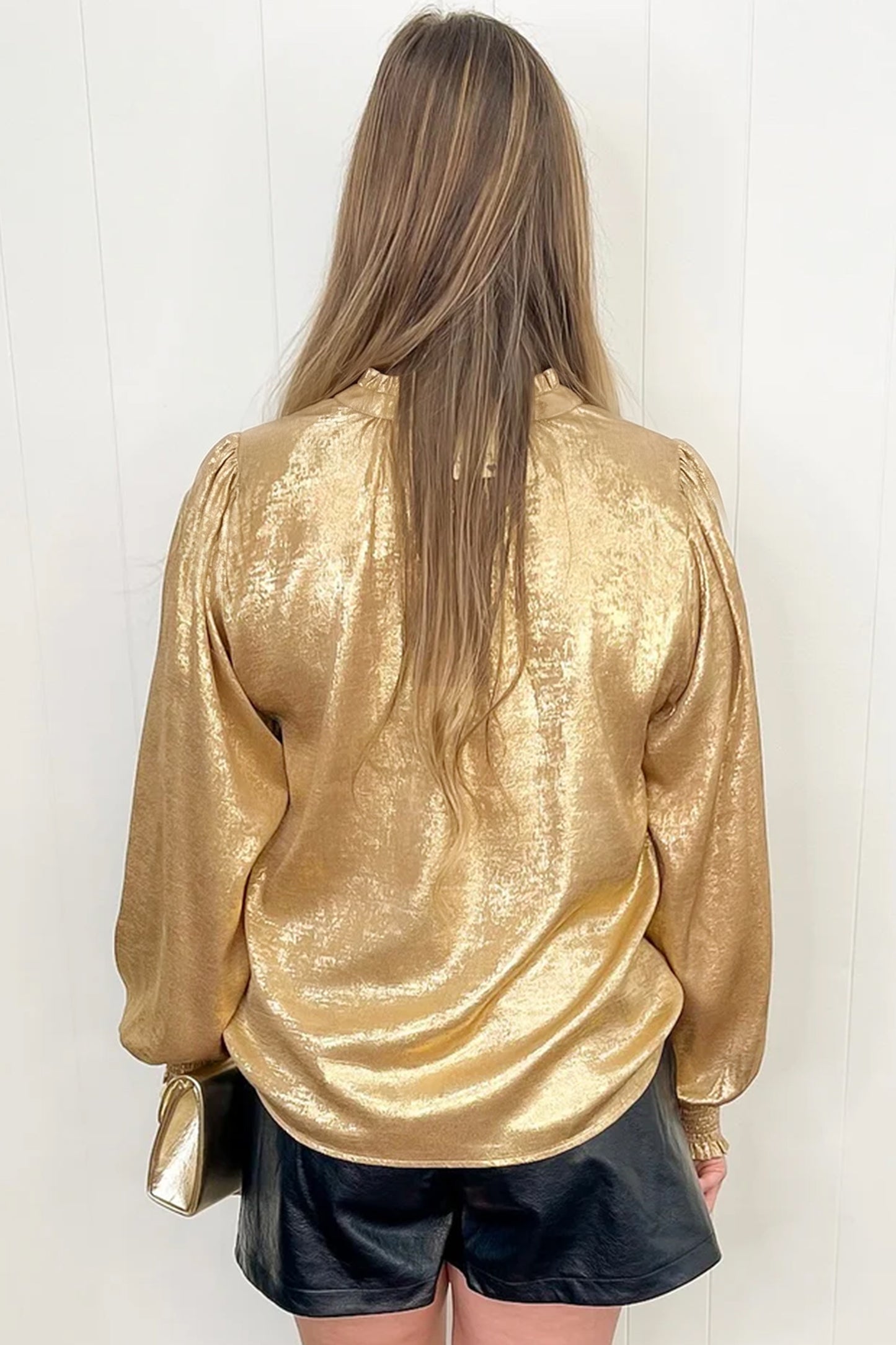 Gold Metallic Sheen V Neck Gathered Cuff Long Sleeve Blouse