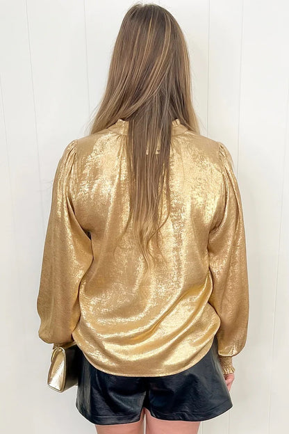 Gold Metallic Sheen V Neck Gathered Cuff Long Sleeve Blouse