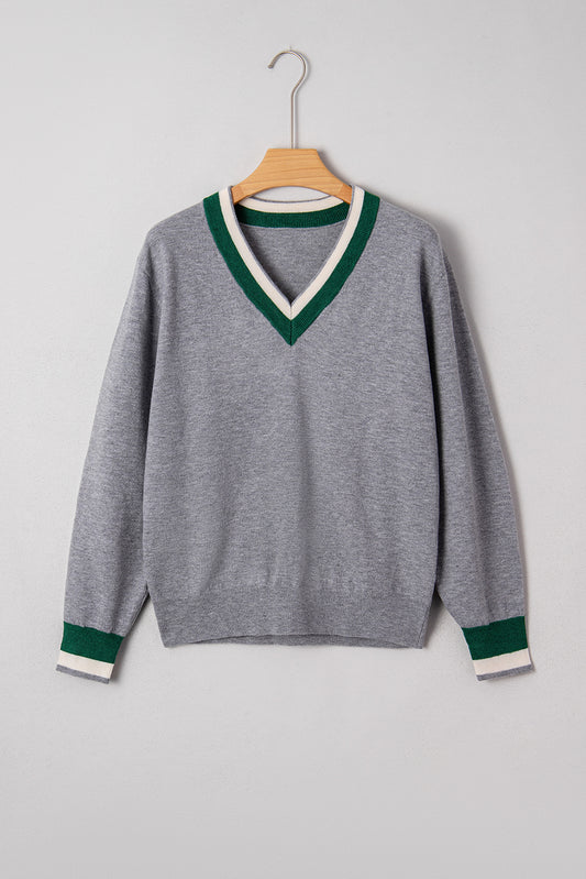 Gray Contrast Striped Trim V Neck Varsity Sweater