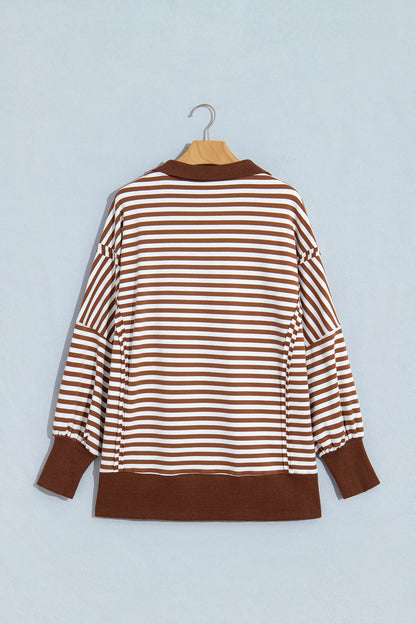 Brown Stripe Color Block Trim Raw Seam Split Hem Loose Pullover Sweatshirt