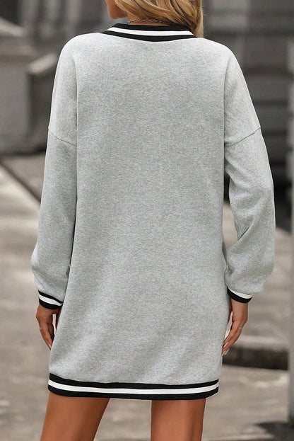 Light Grey Striped Trim V Neck Long Sleeve Preppy T Shirt Dress