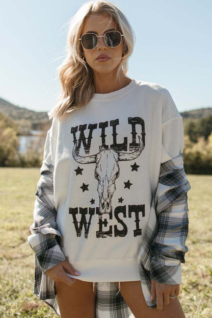 Sweat-shirt côtelé blanc à motif tête de mort WILD WEST