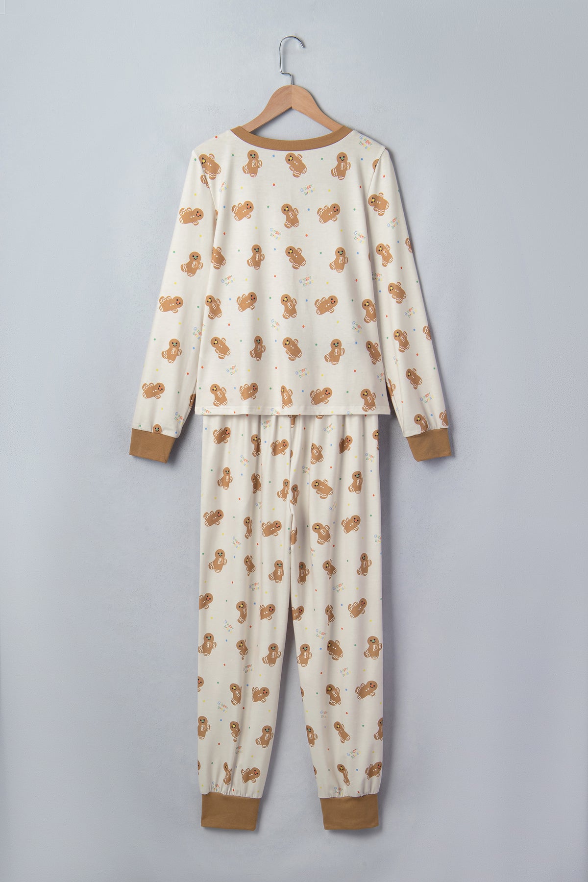 Khaki Abstract Gingerbread Print Colorblock Long Sleeve Two Piece Lounge Set