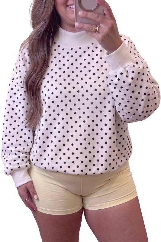 White Polka Dot Ribbed Stand Neck Plus Size Casual Sweatshirt