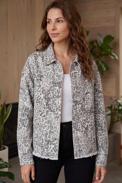 Khaki Leopard Print Studded Collar Studded Patch Pocket Denim Jacket