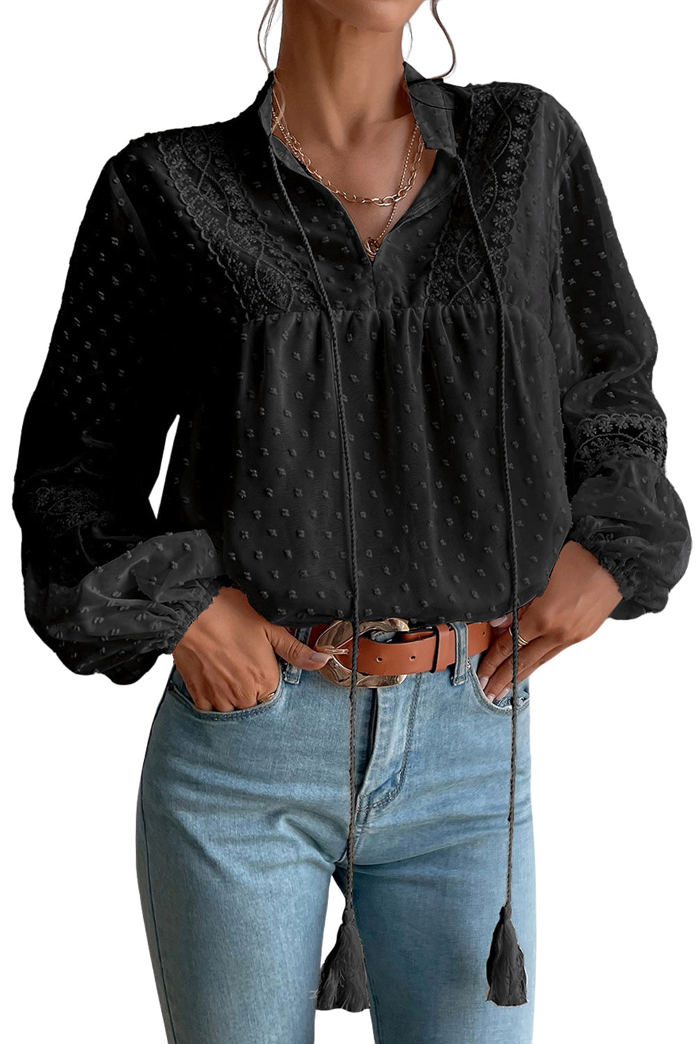 Blusa babydoll con manga globo y cordón de lunares suizos