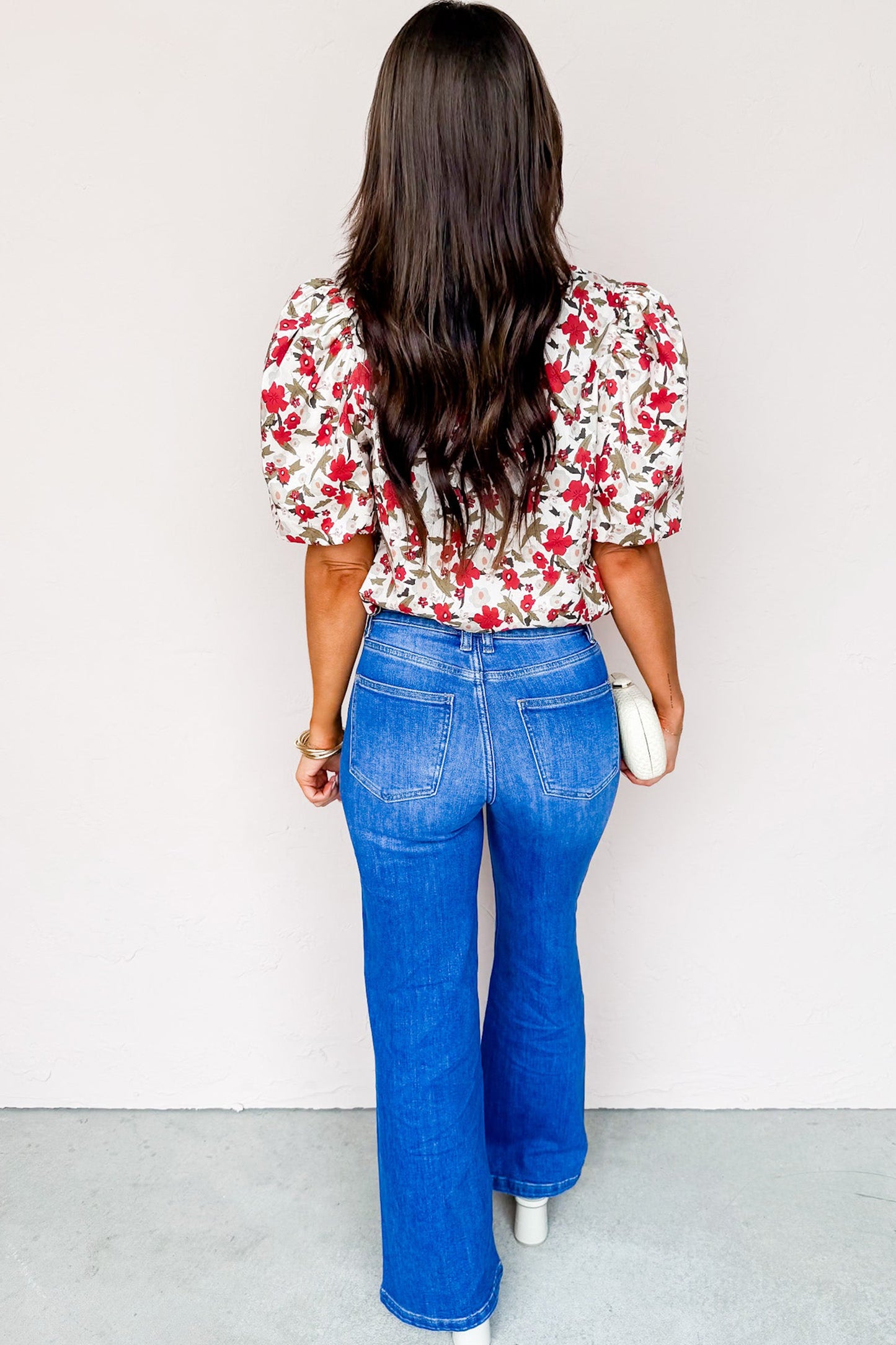 Red Floral Print Short Puff Sleeve Button Front Shirt