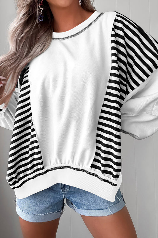 White Stripe Colorblock Patchwork Contrast Stitching Oversize Sweatshirt