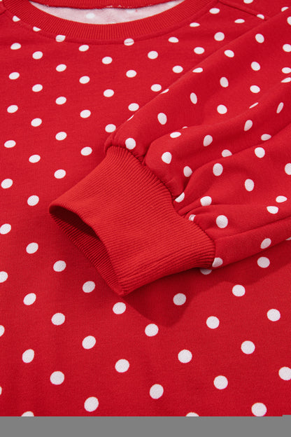 Red Polka Dot Drawstring Wide Leg Long Sleeve Top Pant Set