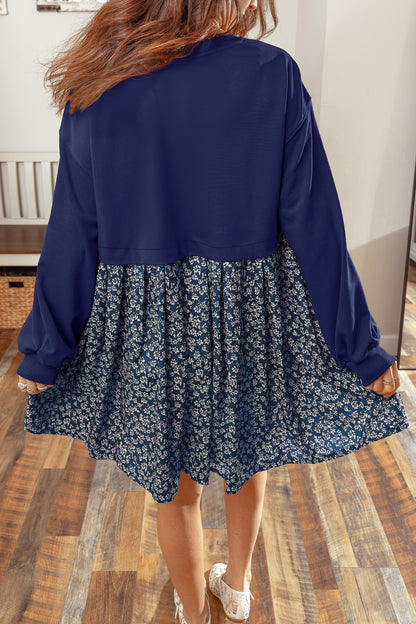 Dark Blue Solid Long Sleeve Patchwork Floral/Camo/Mallard Flared 2-in-1 Mini Dress