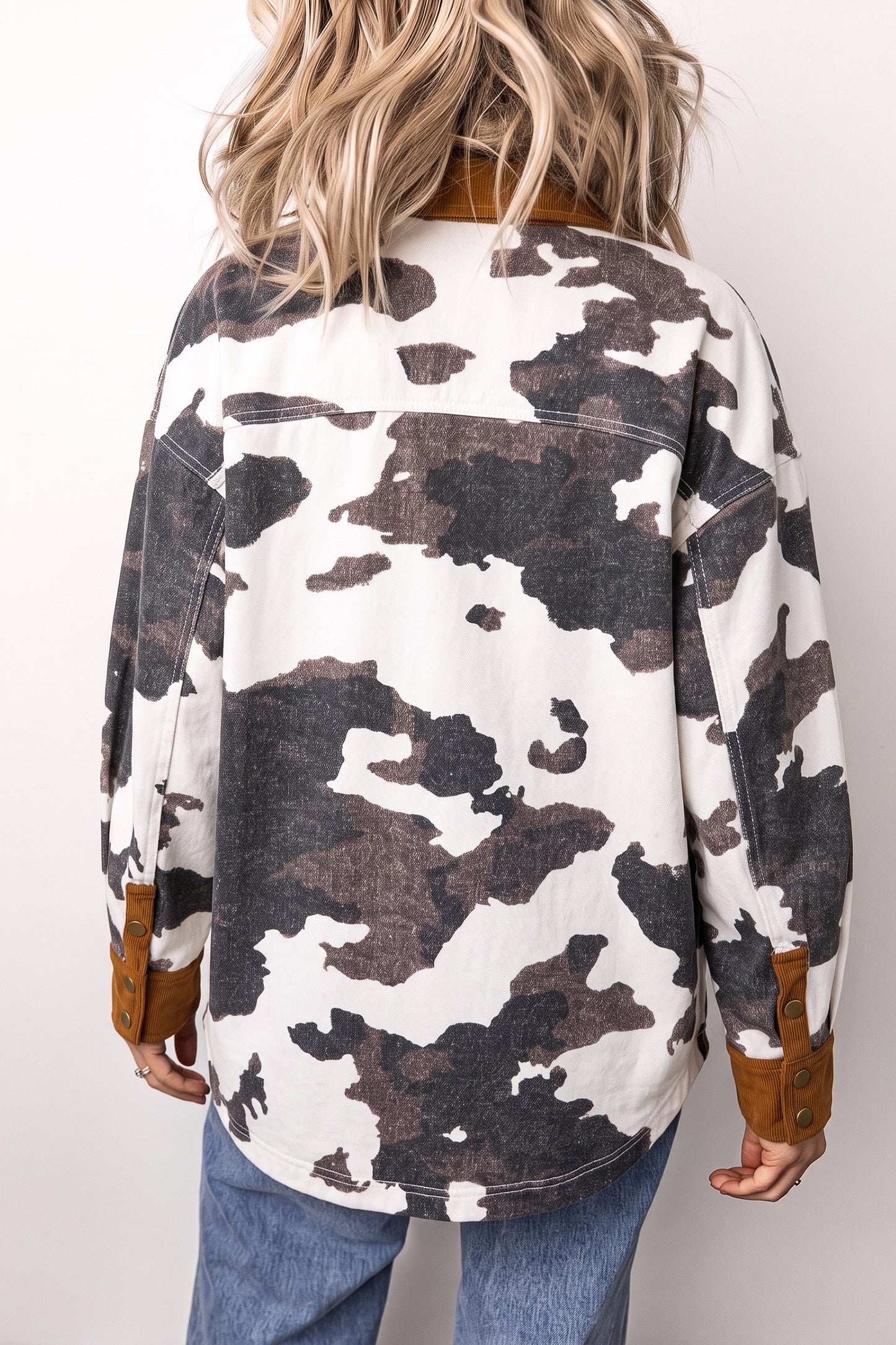 Multicolour Western Cow Print Long Sleeve Button-Up Denim Jacket
