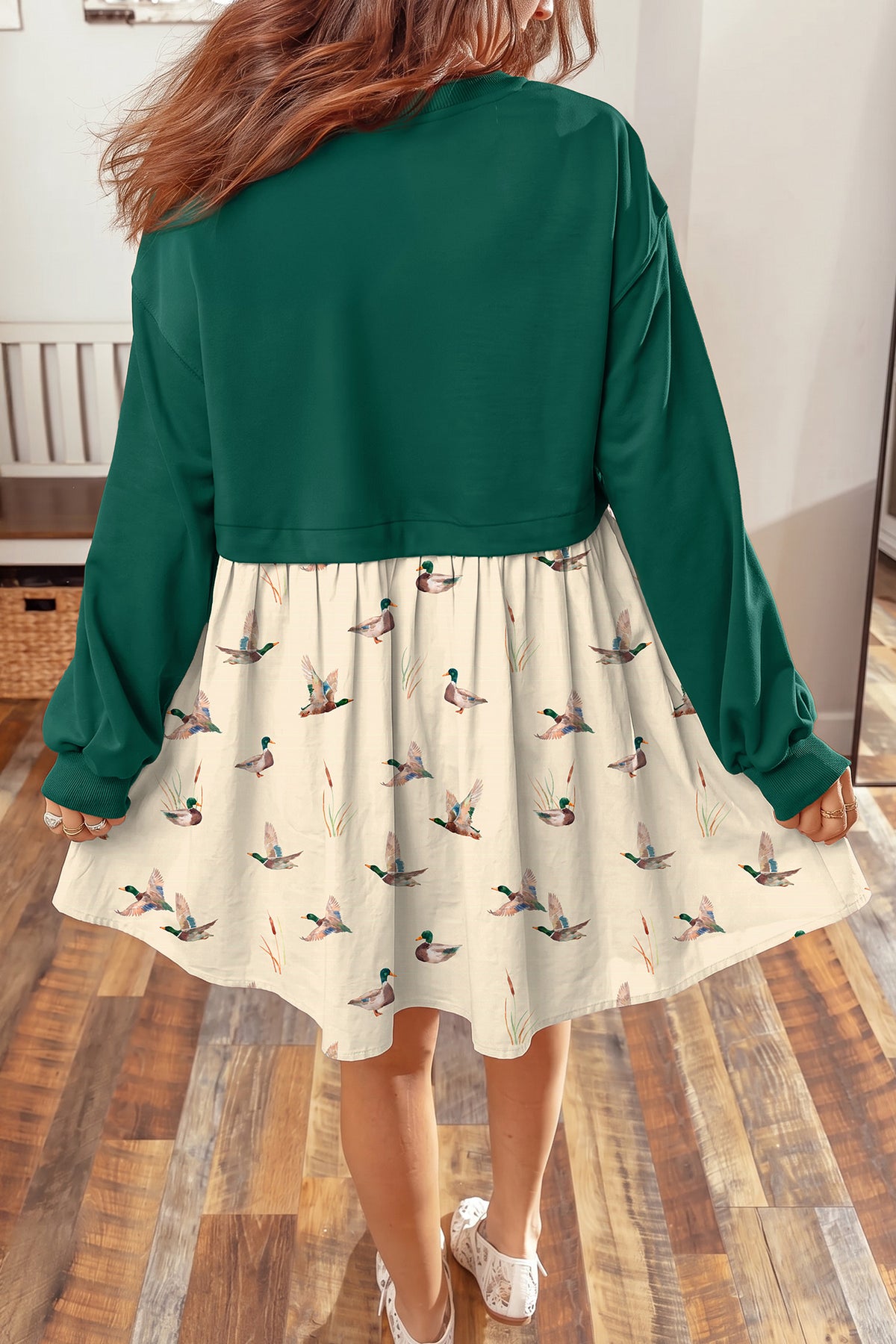Green Solid Long Sleeve Patchwork Mallard Flared 2-in-1 Mini Dress