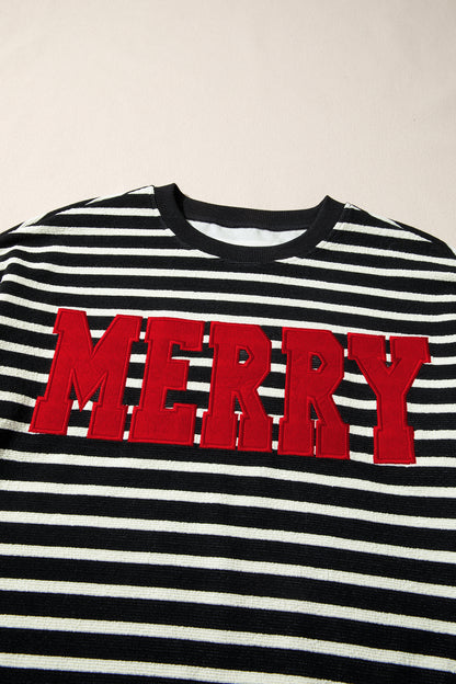 Black Stripe Contrast MERRY Letter Christmas Print Drop Shoulder Sweatshirt
