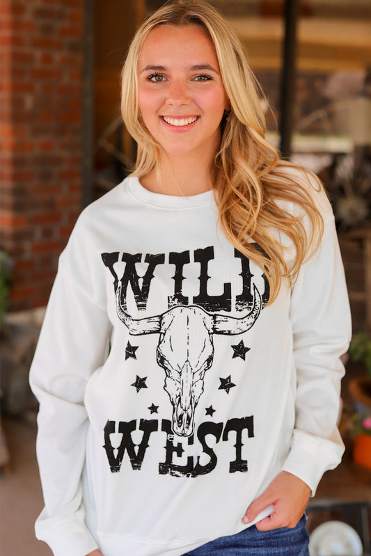 Sweat-shirt côtelé blanc à motif tête de mort WILD WEST