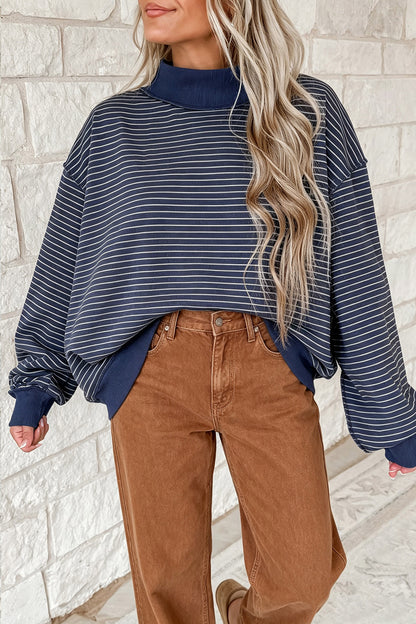 Blue Stripe Ribbed Color Block Mock Neck Oversized Sweatshirt