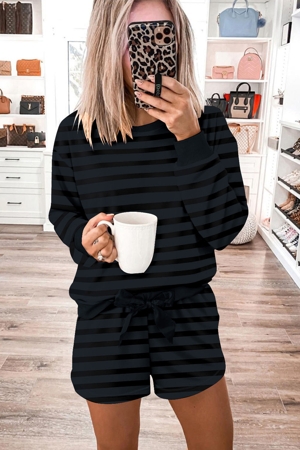 Gray Printed Leopard Long Sleeve Satin Tie Shorts Two Piece Set