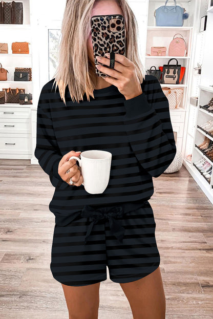 Gray Printed Leopard Long Sleeve Satin Tie Shorts Two Piece Set