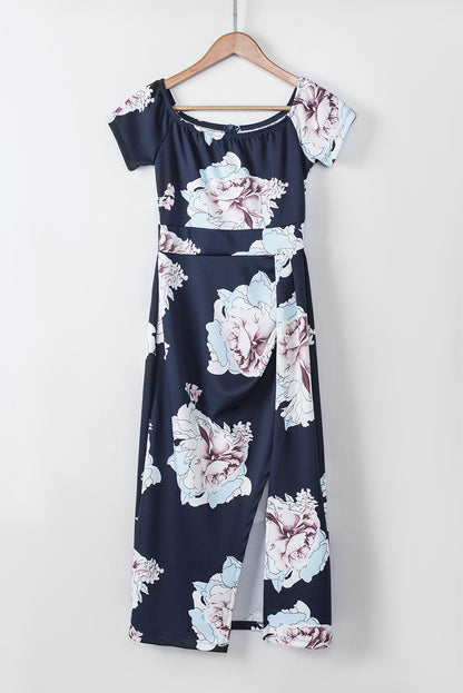 Robe mi-longue moulante fendue à épaules dénudées et imprimé floral bleu foncé