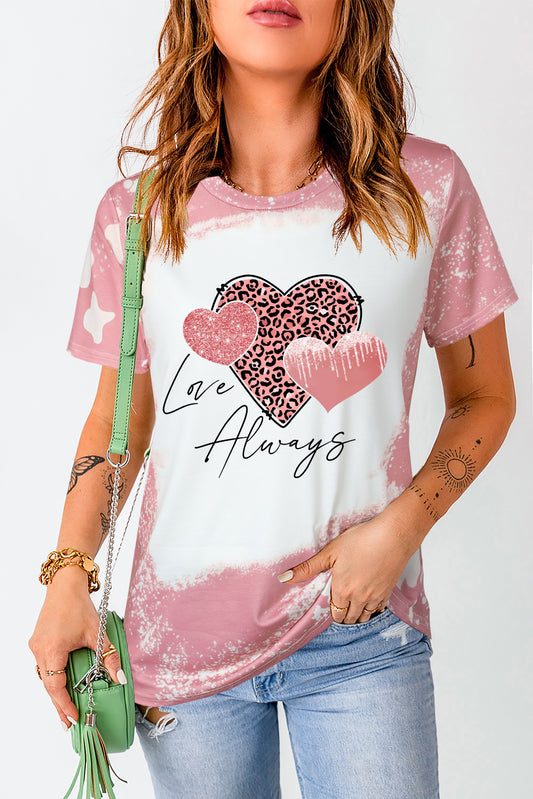 Love Always Heart Leopard Bleached Print Graphic T Shirt