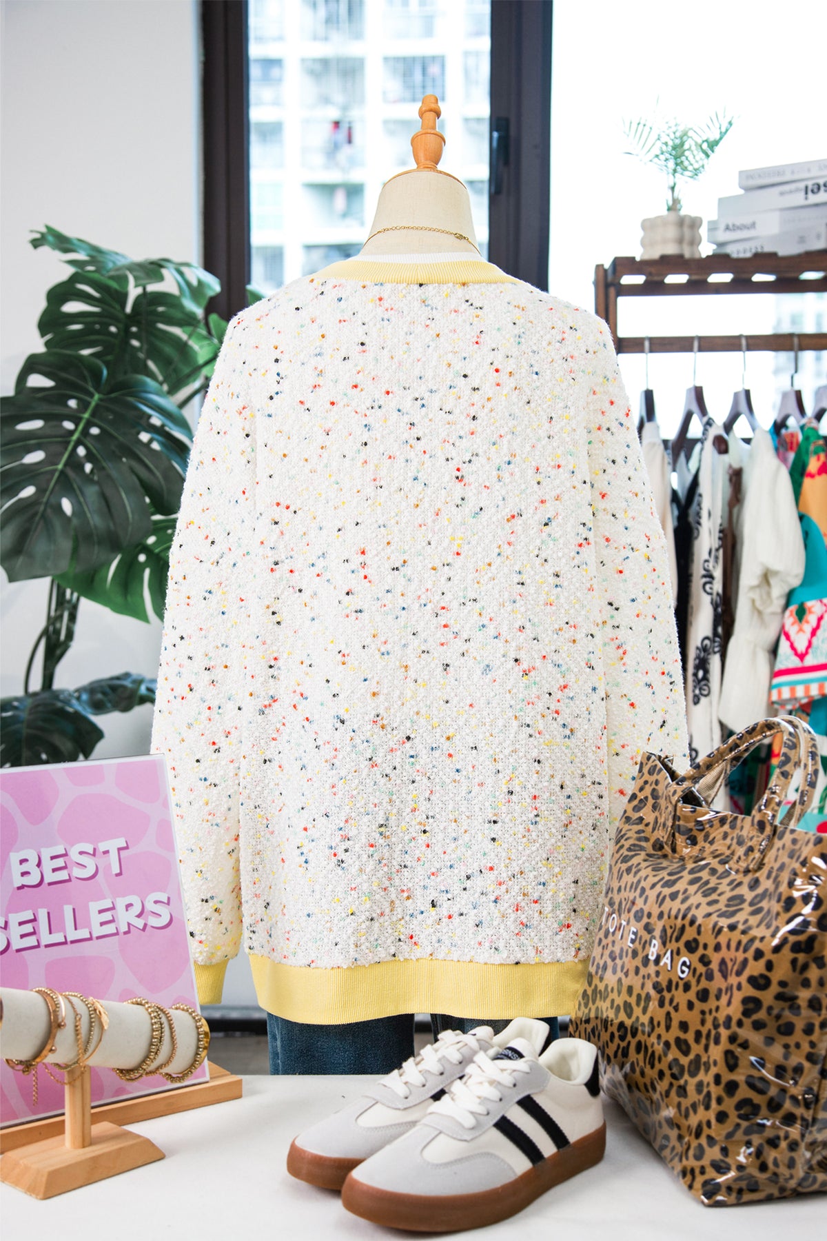 White Abstract Confetti Pattern Color Block Ribbed Cuffs Casual Cardigan