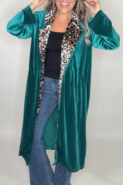 Skobeloff Velvet Contrast Leopard Print Lapel Collar Open Front Cardigan