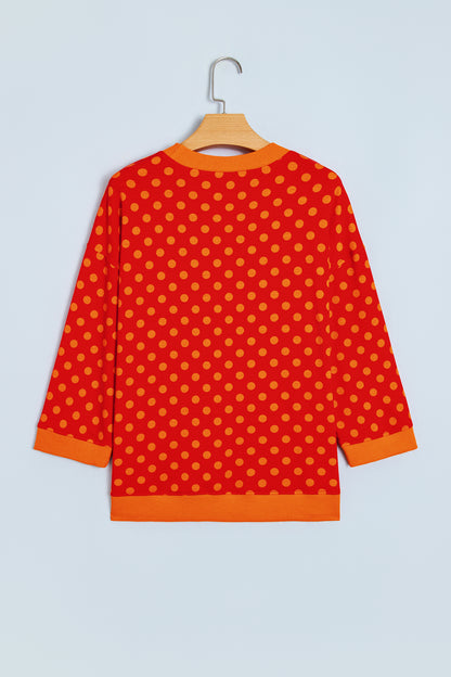 Red Polka Dot Print Contrast Trim Round Neck Bracelet Sleeve Top