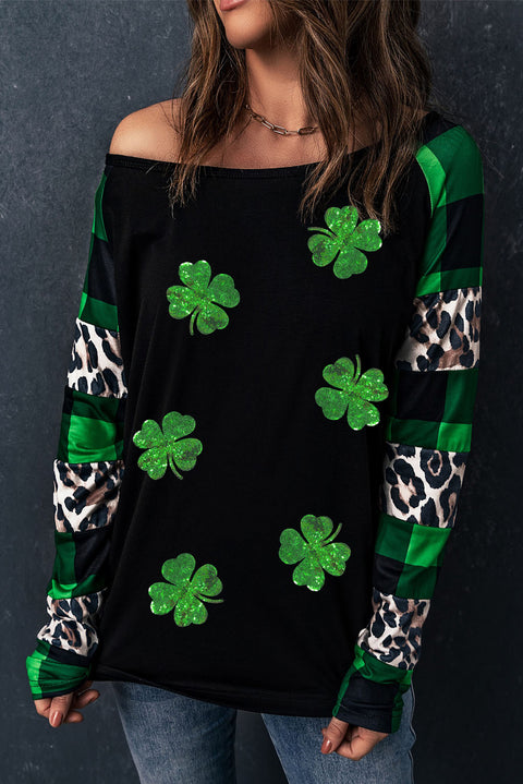Green Sequin Clover Patch Graphic Plaid&Leopard Sleeve Top