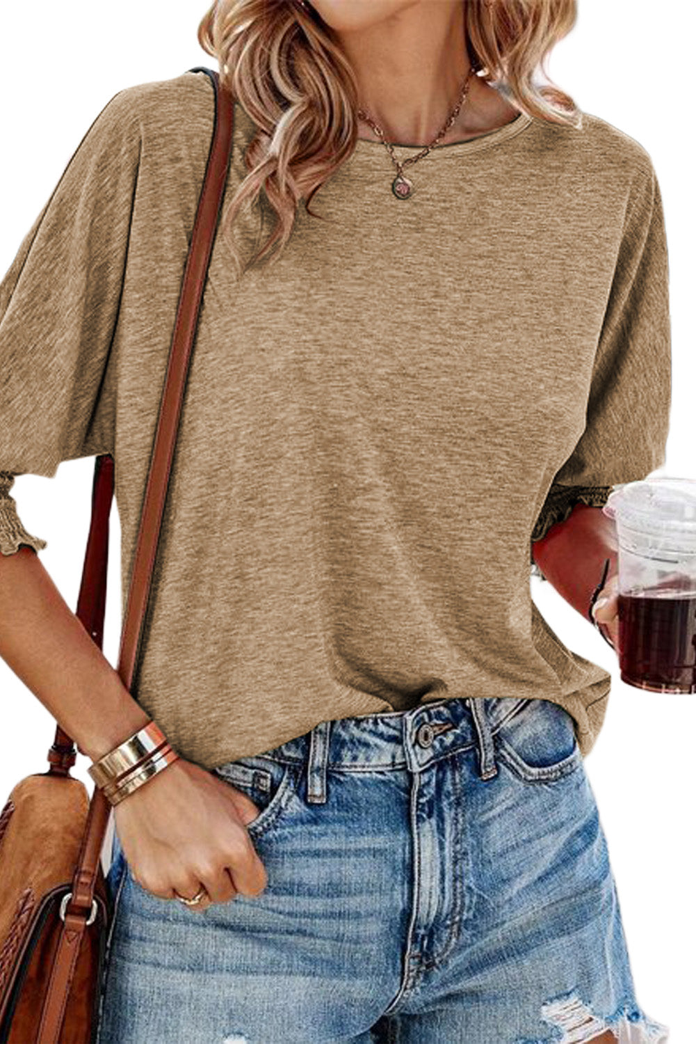 Green Smocked 3/4 Sleeve Casual Loose Top