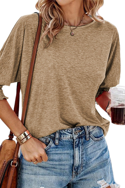 Green Smocked 3/4 Sleeve Casual Loose Top