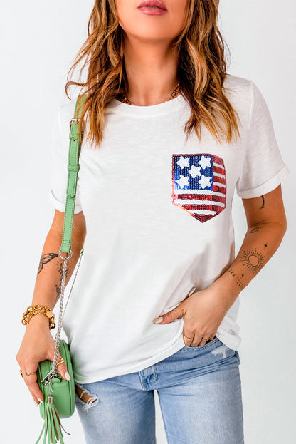 T-shirt blanc à patchs et sequins avec drapeau américain