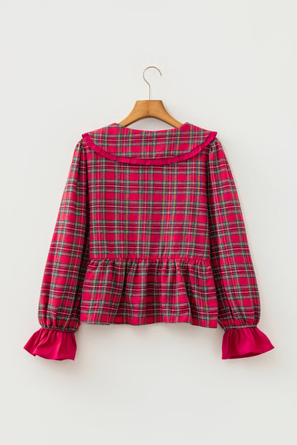 Red Plaid Tie Neck Ruffle Cuffs Long Sleeve Shift Blouse