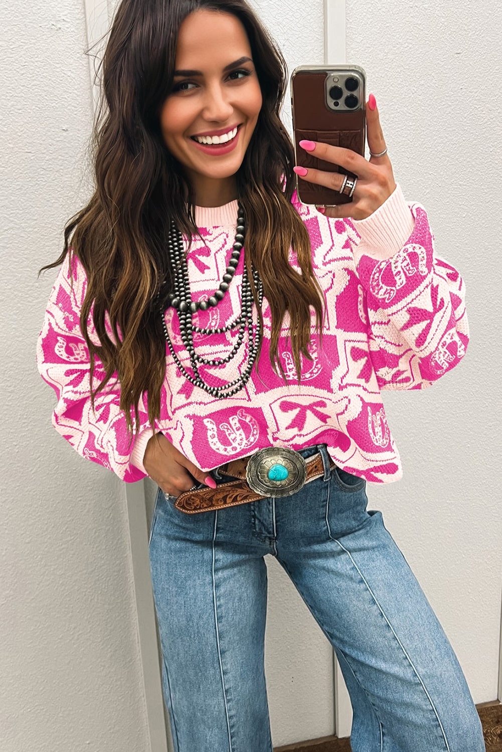 Pink Bows & Horseshoes Pattern Western Fashion Print Sweater