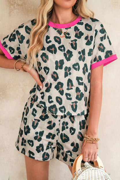 Brown Unique Leopard Print Contrast Trim Top Loose 2pcs Short Set