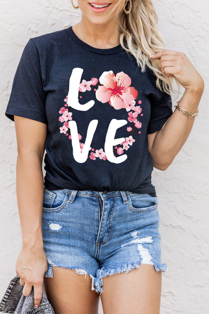 T-shirt graphique à manches courtes avec motif floral et drapeau américain