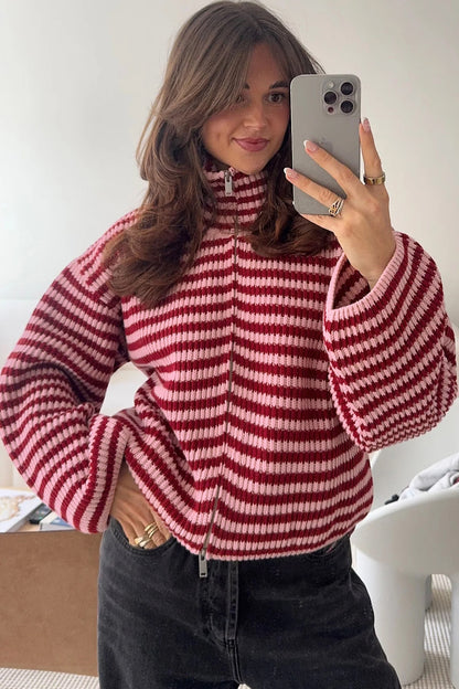 Red Stripe Striped High Neck Zip-up Sweater Long Sleeve Casual Fit Drop Shoulder Open Front Cardigan
